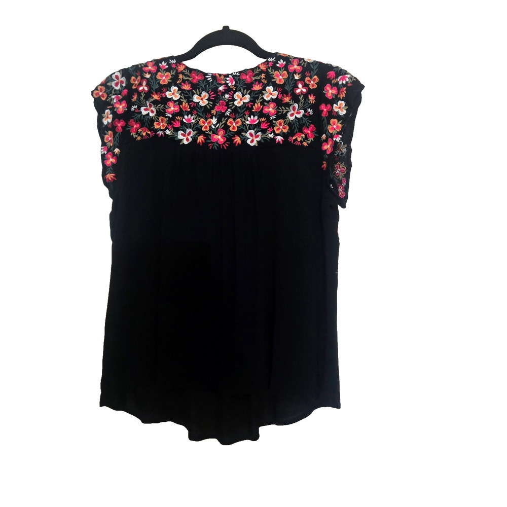 Savannah Jane Boho Peasant Hippie Mexican shirt black embroidered flowers M - Picture 5 of 13